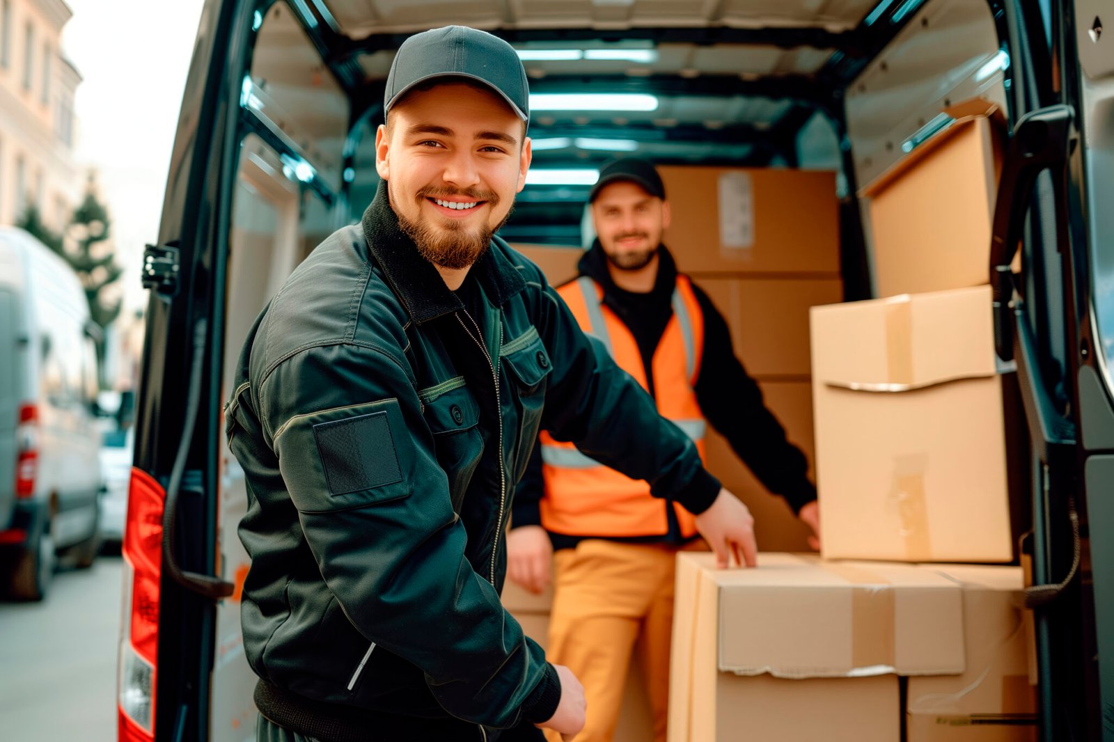 workers unloading boxes from a van outdoors. Moving, mover servi